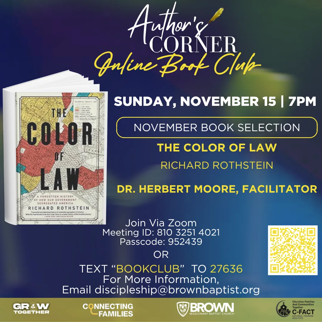 Author's Corner Online Book Club flyer — Sunday, November 15 at 7 PM, featuring "The Color of Law" by Richard Rothstein