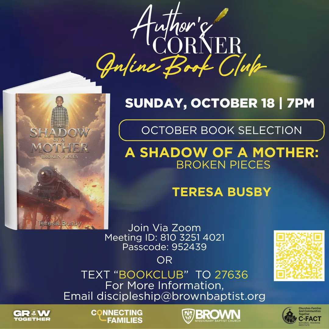 Author's Corner Online Book Club flyer — Sunday, October 18 at 7 PM, featuring "A Shadow of a Mother: Broken Pieces" by Teresa Busby