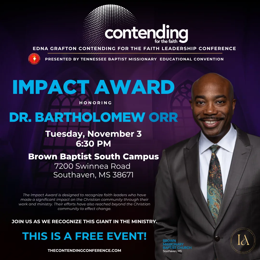 Impact Award honoring Dr. Bartholomew Orr — Contending for the Faith Leadership Conference flyer