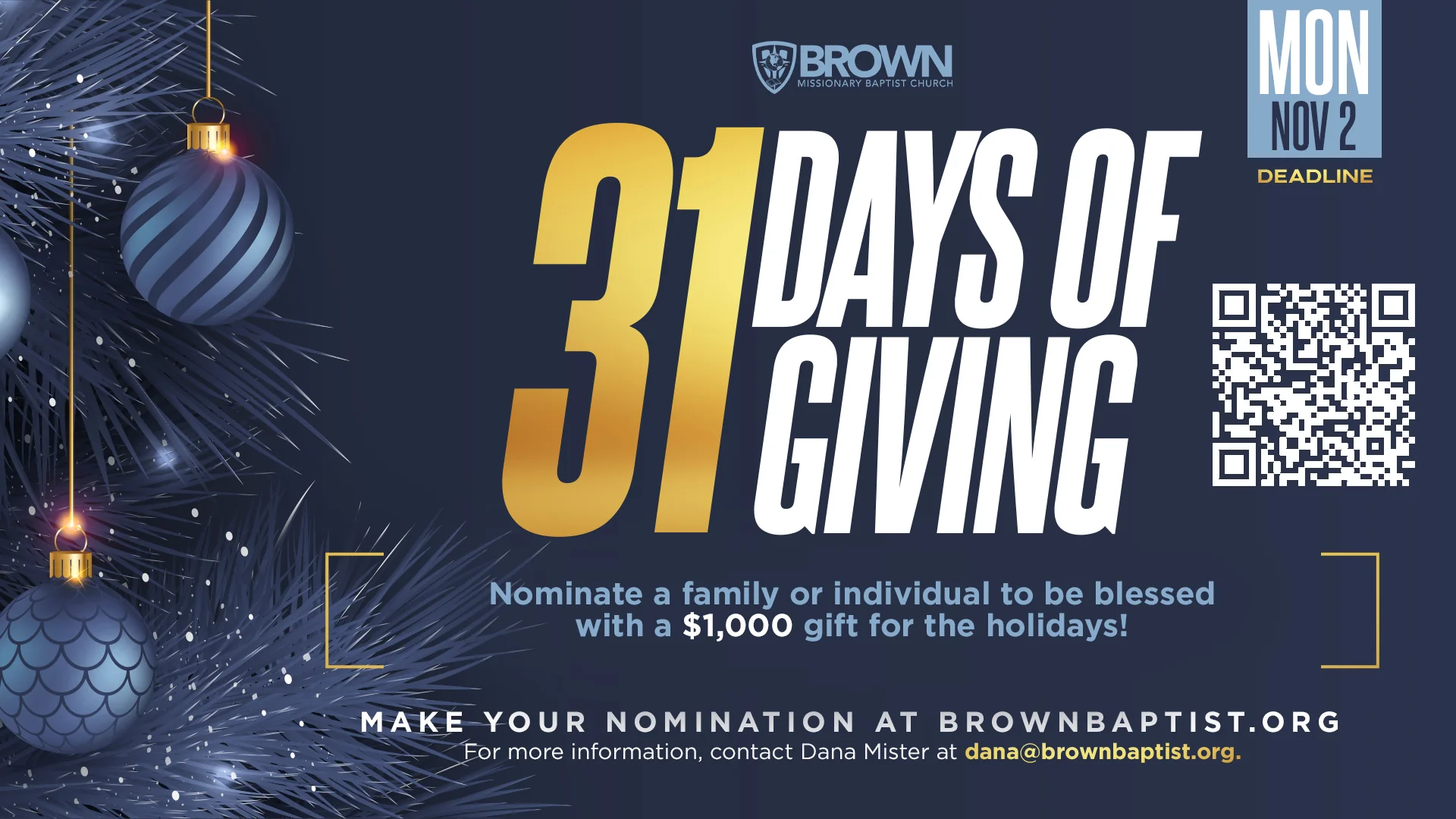 31 Days of Giving: nominate a family or individual for a $1,000 holiday gift by Monday, November 2.