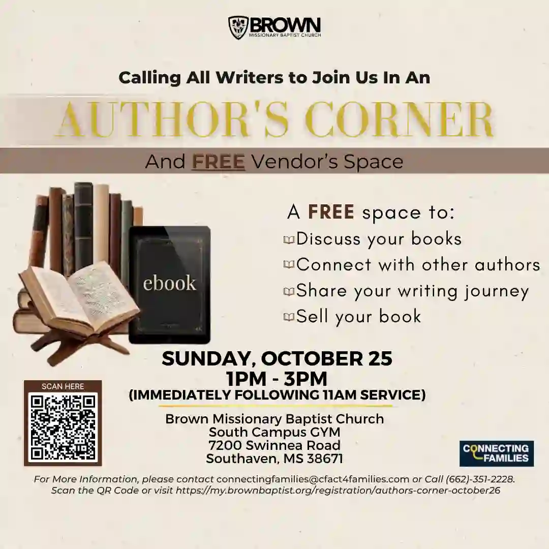 Author's Corner and Free Vendor's Space flyer — Sunday, October 25, 1–3 PM, South Campus Gym