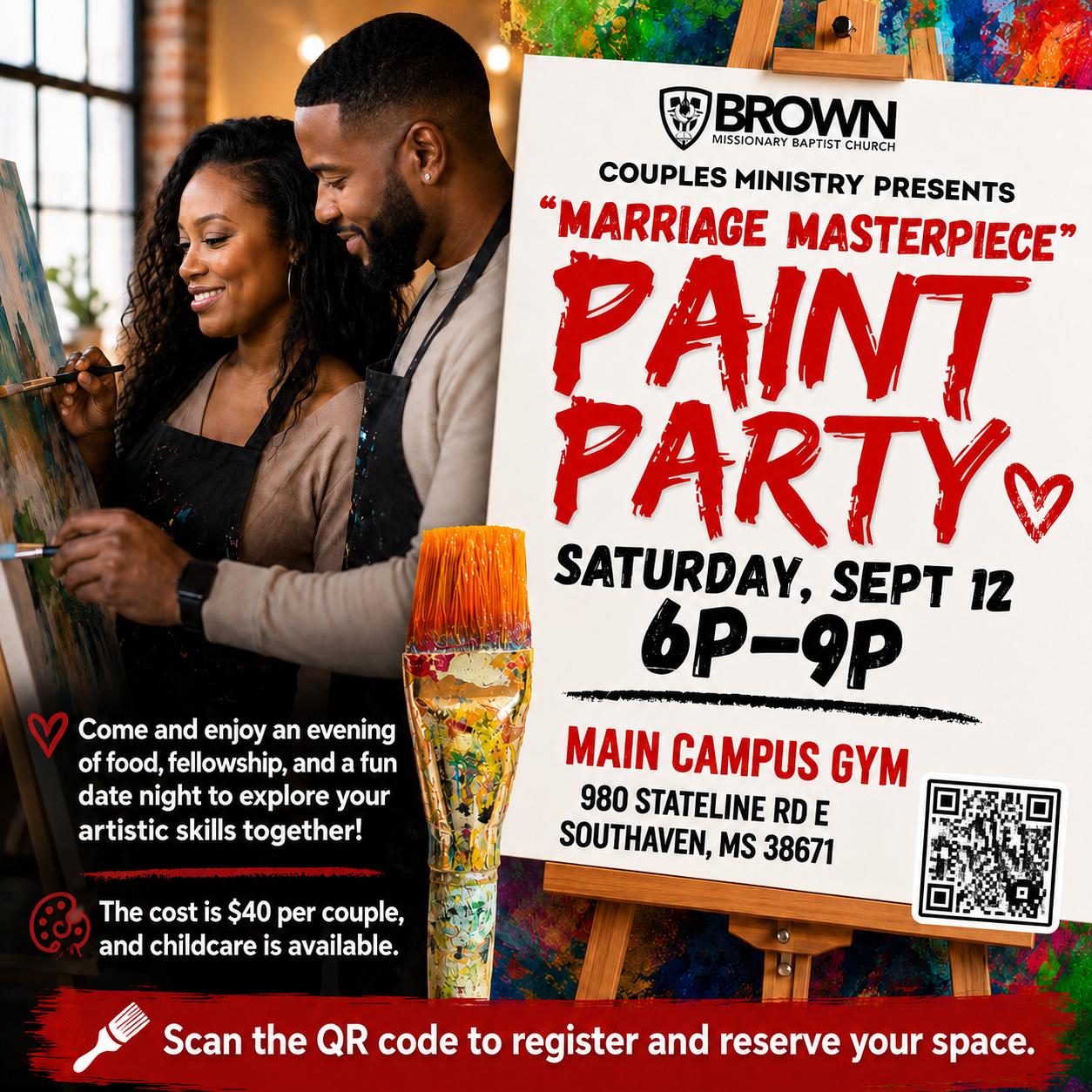 Marriage Masterpiece Paint Party flyer — Saturday, September 12, 6-9 PM at the Main Campus Gym