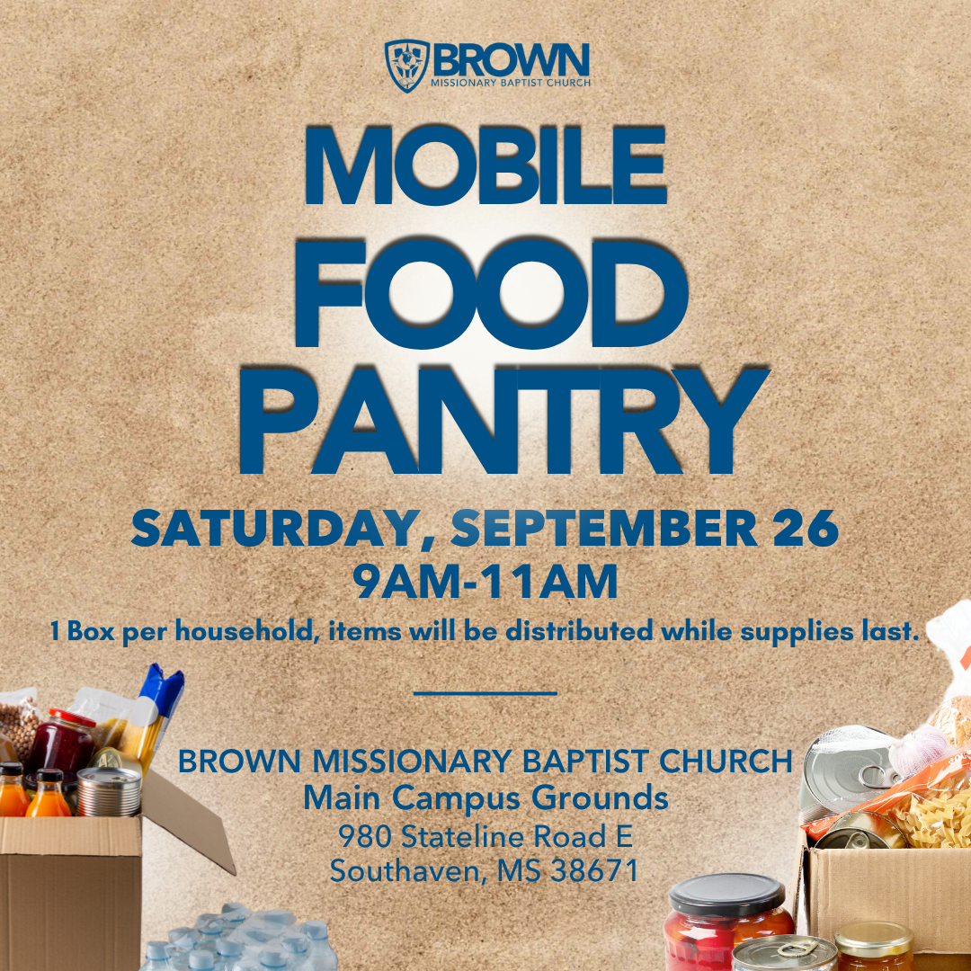 Mobile Food Pantry flyer — Saturday, September 26, 9AM–11AM at Brown Missionary Baptist Church Main Campus